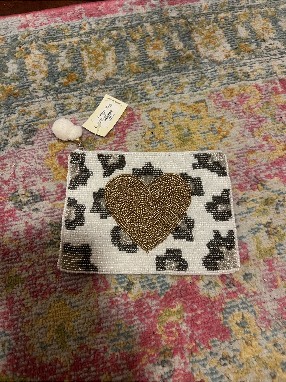 Francesca's Collections Beaded Heart Leopard Cosmetic Pouch - White, Black, Gold